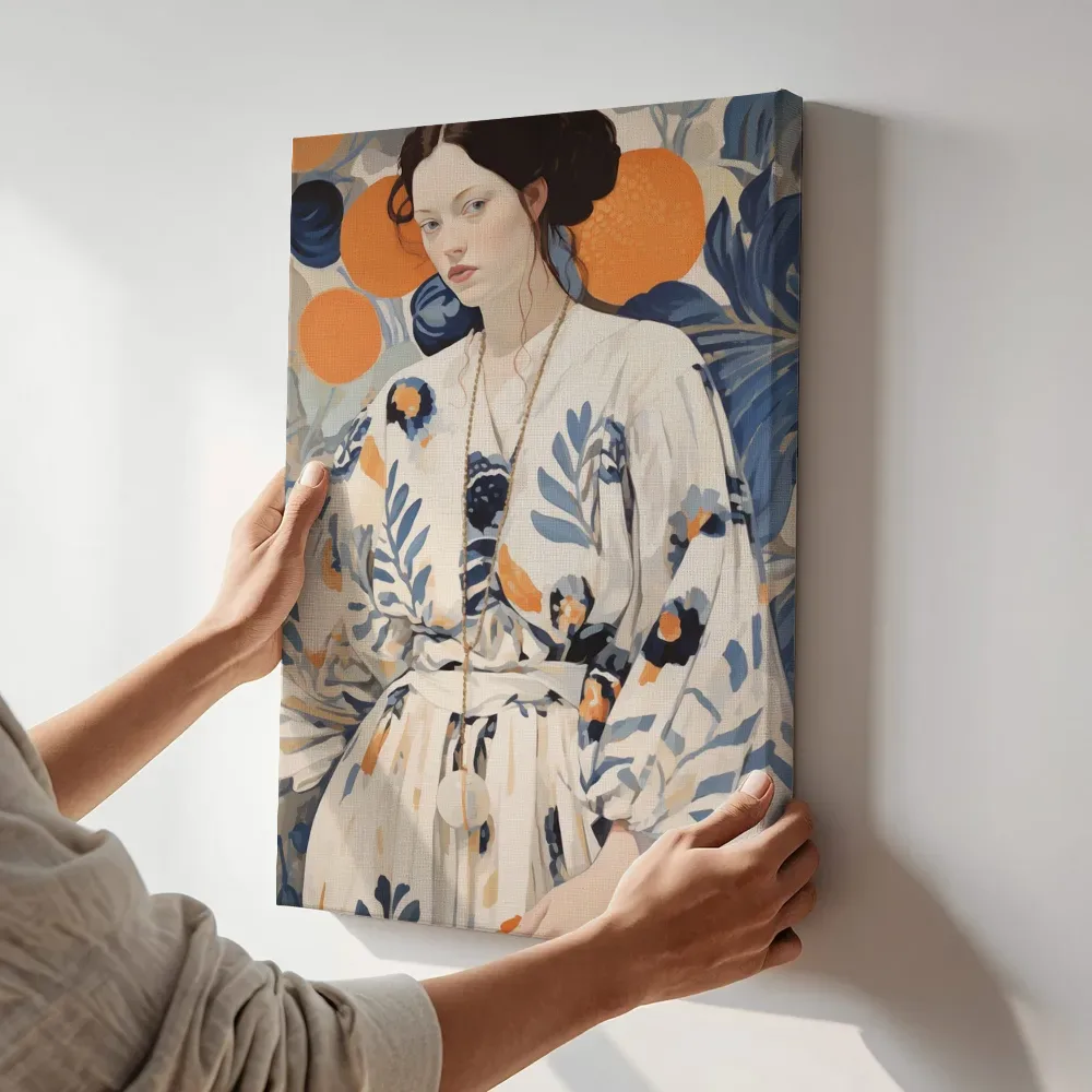 Sfeerimpressie: Vrouw in witte bloemenkimono terwijl het aan de muur wordt gehangen