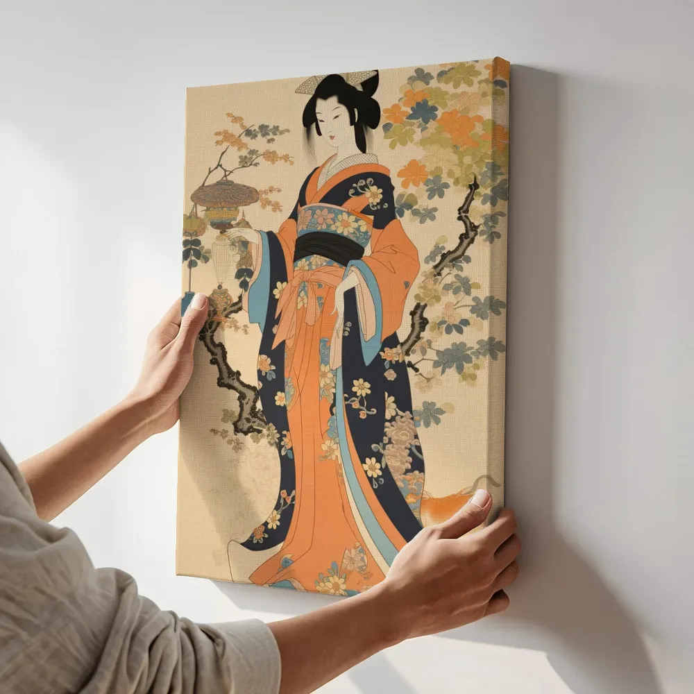 Sfeerimpressie: Vrouw in marineblauwe kimono bij bonsai terwijl het aan de muur wordt gehangen
