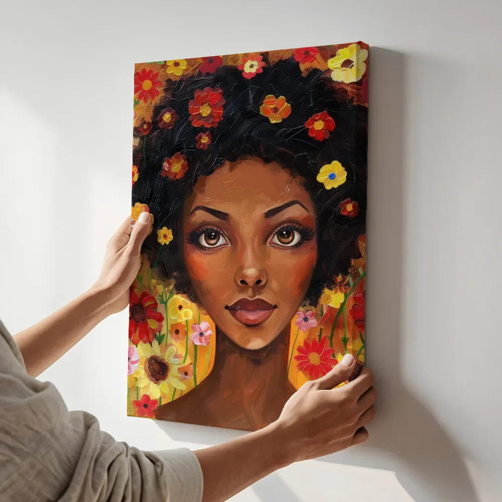 Sfeerimpressie: Vrouw met bloemen in haar krullen terwijl het aan de muur wordt gehangen