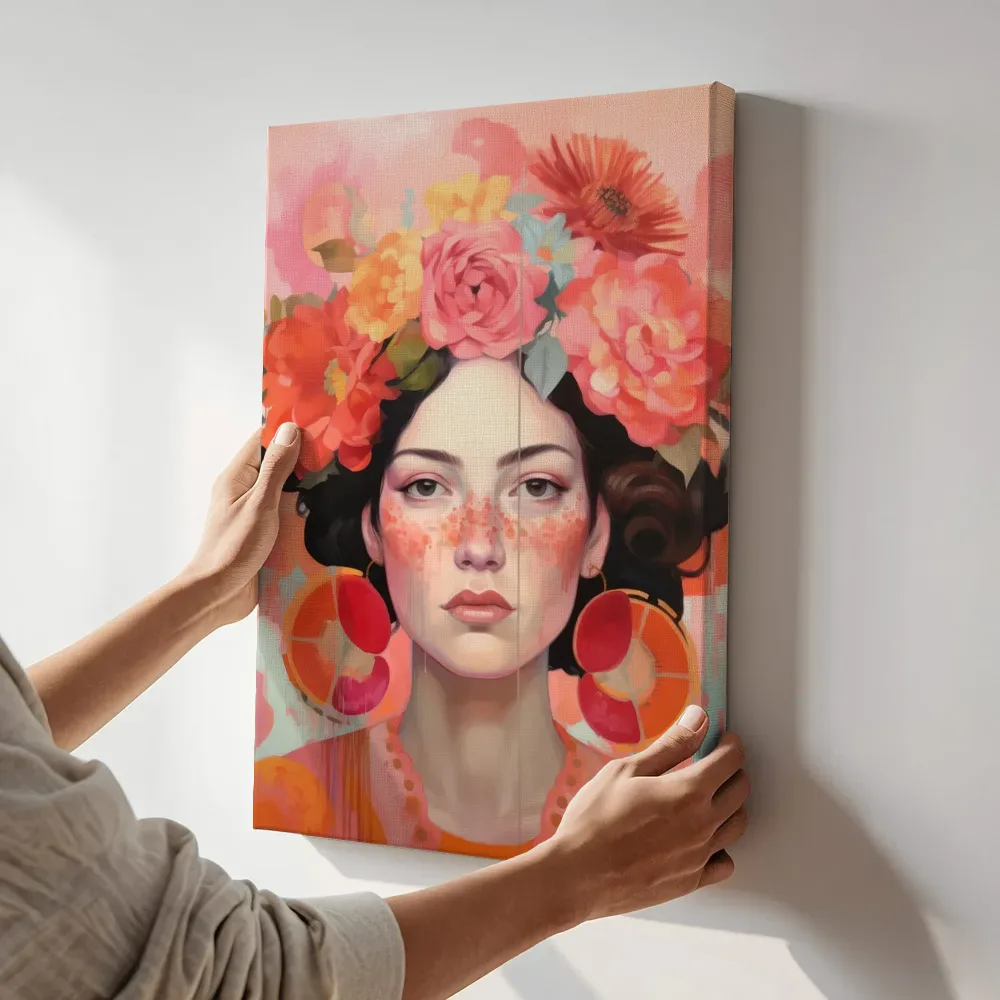 Sfeerimpressie: Vrouw met bloemenkroon in roze tinten schilderij terwijl het aan de muur wordt gehangen