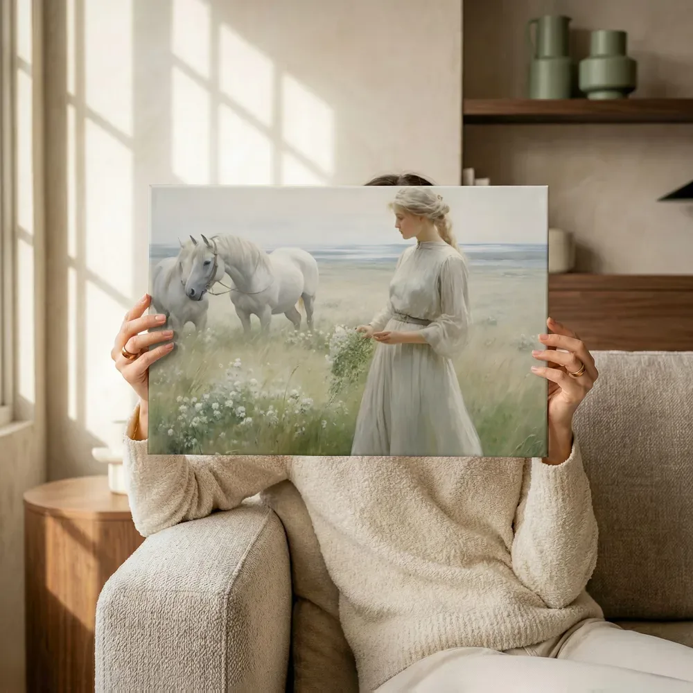 Sfeerimpressie: Vrouw met de witte paarden terwijl het omhoog wordt gehouden
