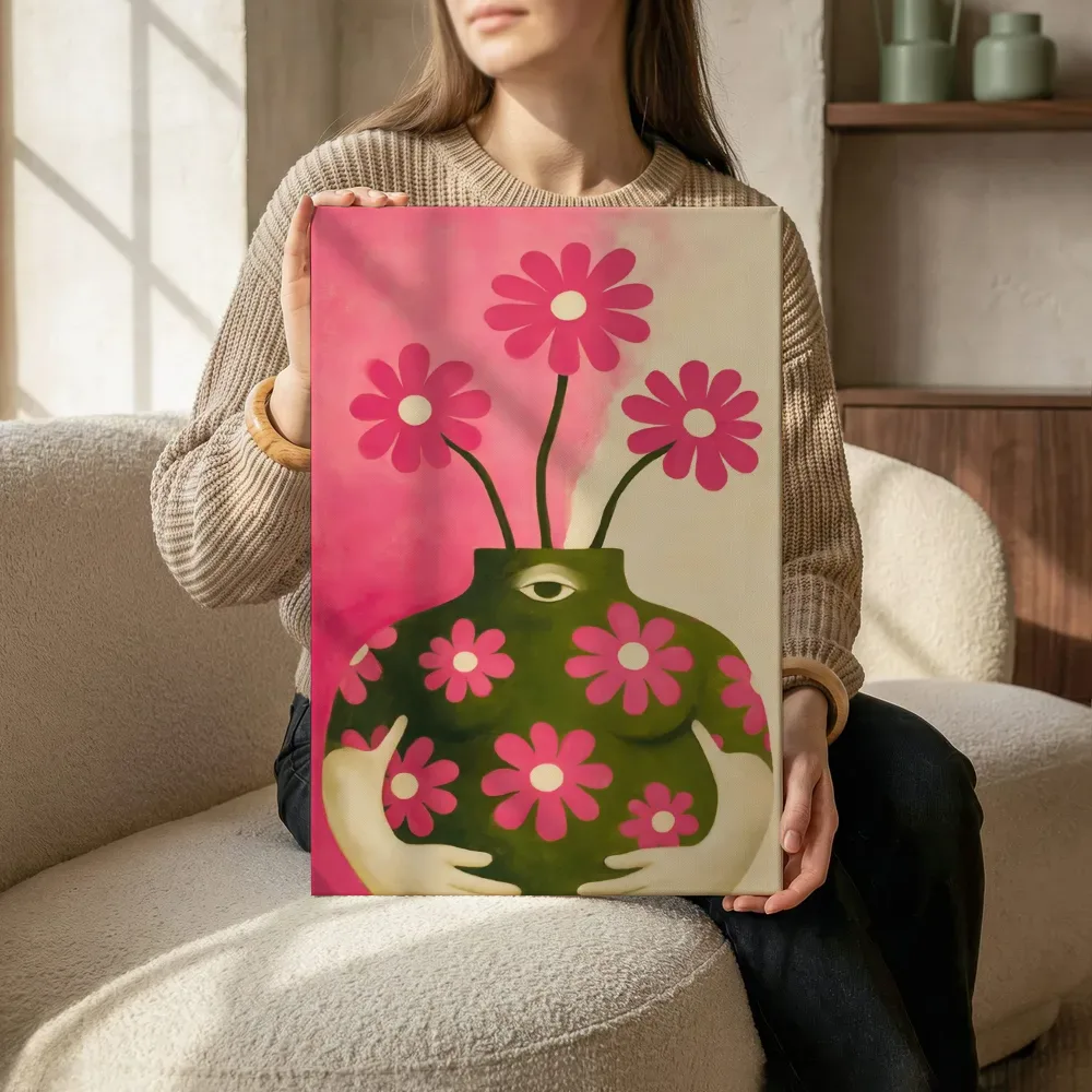 Sfeerimpressie: Vrouw met een bloemenvaas in roze en olijf terwijl het zittend wordt getoond