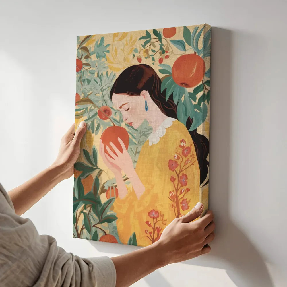 Sfeerimpressie: Vrouw met granaatappel terwijl het aan de muur wordt gehangen