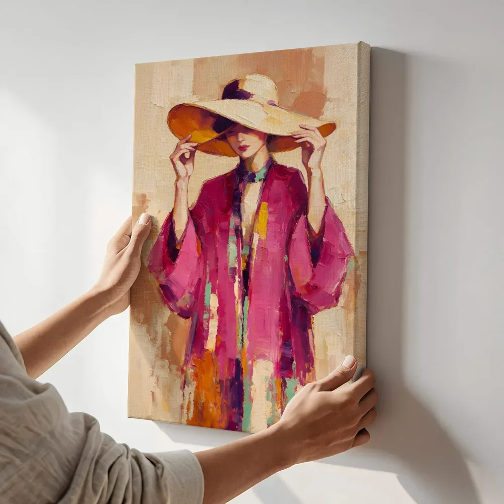 Sfeerimpressie: Vrouw met hoed, olieverf in diep fel magenta terwijl het aan de muur wordt gehangen