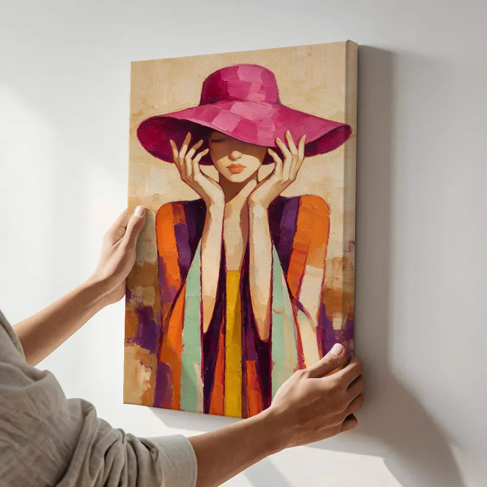 Sfeerimpressie: Vrouw met hoed, olieverf in donker fel magenta terwijl het aan de muur wordt gehangen