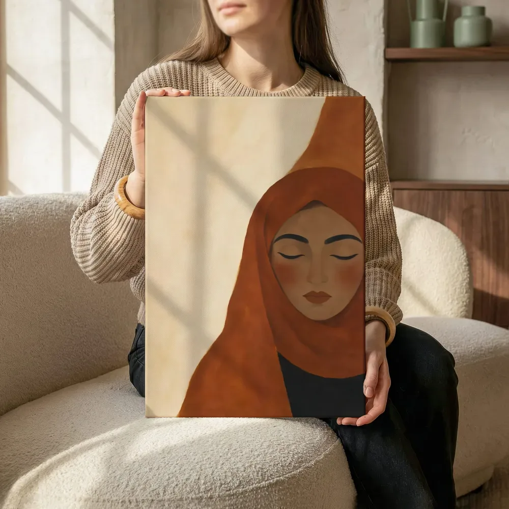 Sfeerimpressie: Vrouw met hoofddoek in roest en crème terwijl het zittend wordt getoond