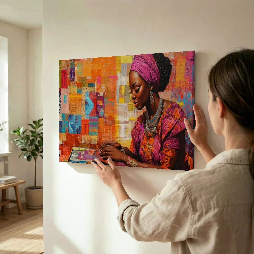 Sfeerimpressie: Vrouw met kleurrijke hoofddoek terwijl het wordt opgehangen