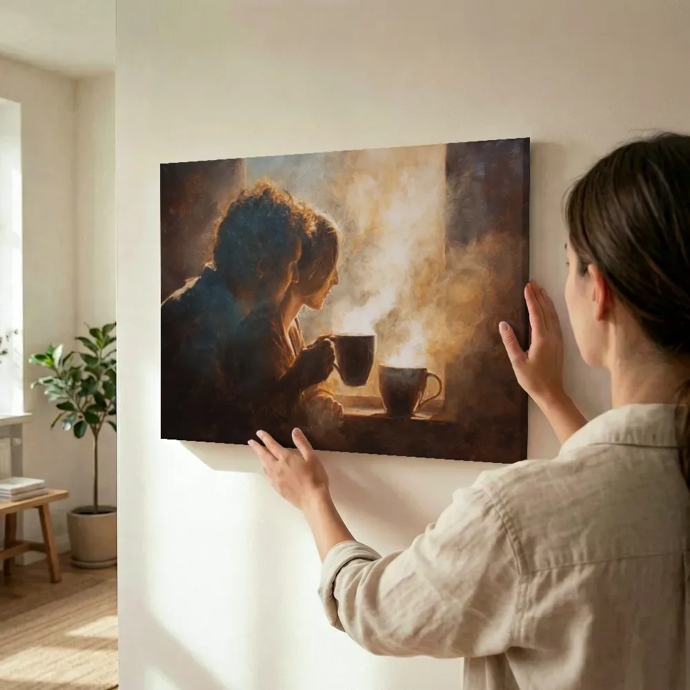 Sfeerimpressie: Vrouw met koffie bij het raam terwijl het wordt opgehangen