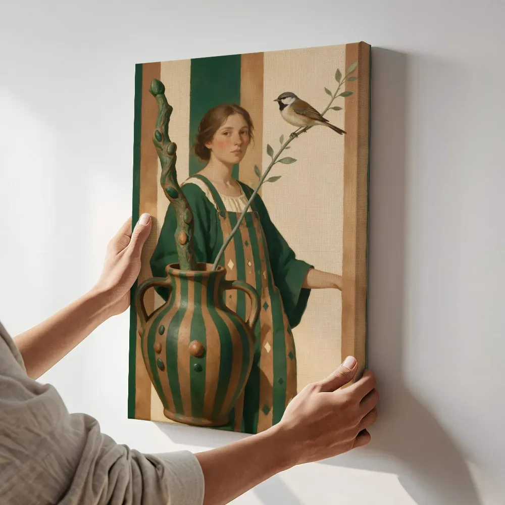 Sfeerimpressie: Vrouw met kruik in dennengroen en klei terwijl het aan de muur wordt gehangen