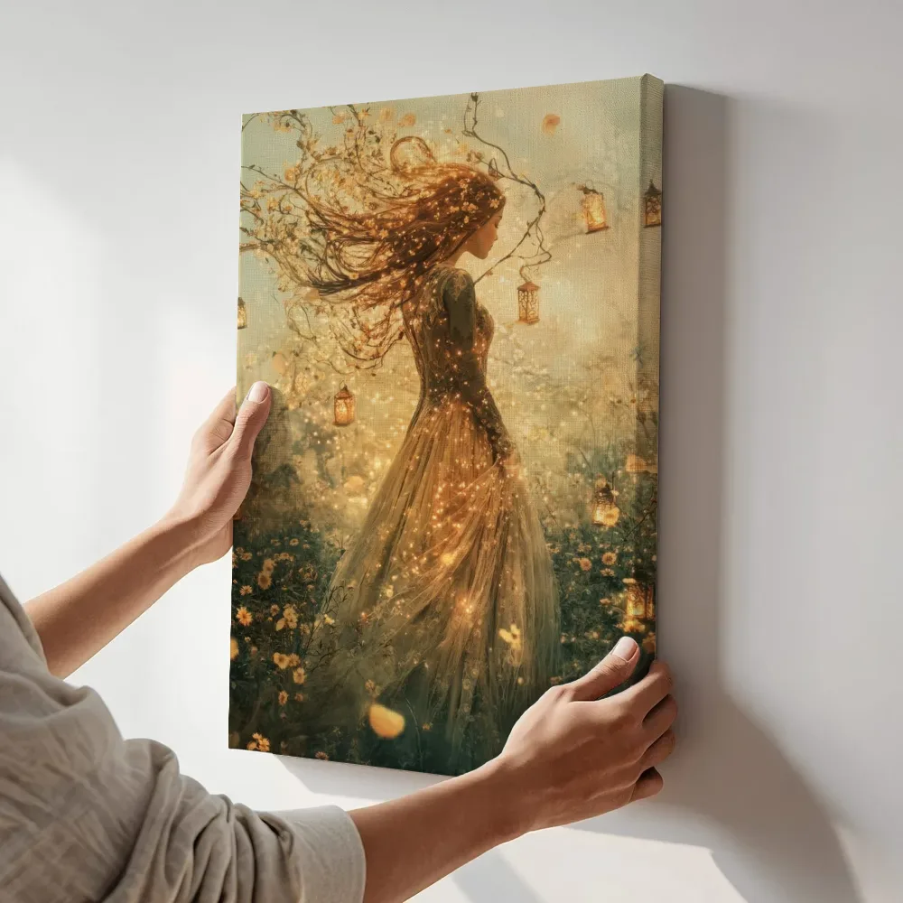Sfeerimpressie: Vrouw met lichtjes in haar bloemenweide terwijl het aan de muur wordt gehangen