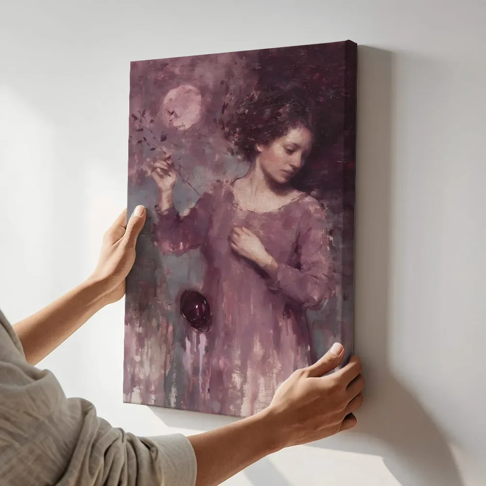 Sfeerimpressie: Vrouw met oplossende randen in aubergine terwijl het aan de muur wordt gehangen