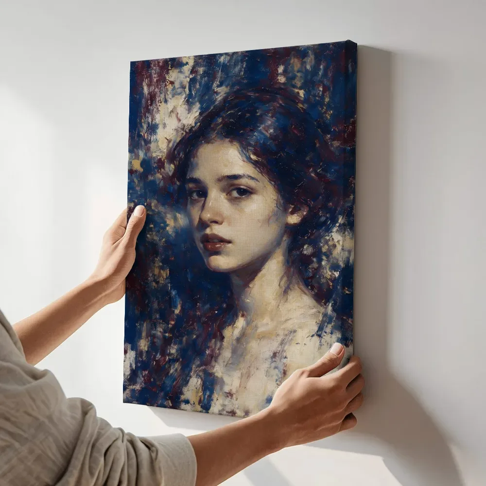 Sfeerimpressie: Vrouw met oplossende randen terwijl het aan de muur wordt gehangen