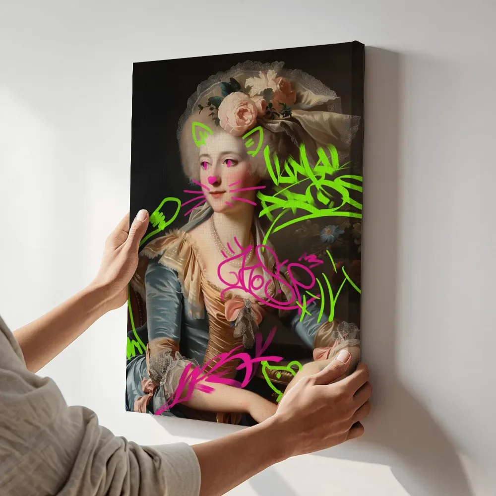 Sfeerimpressie: Vrouw met rozen in het haar, graffiti editie terwijl het aan de muur wordt gehangen