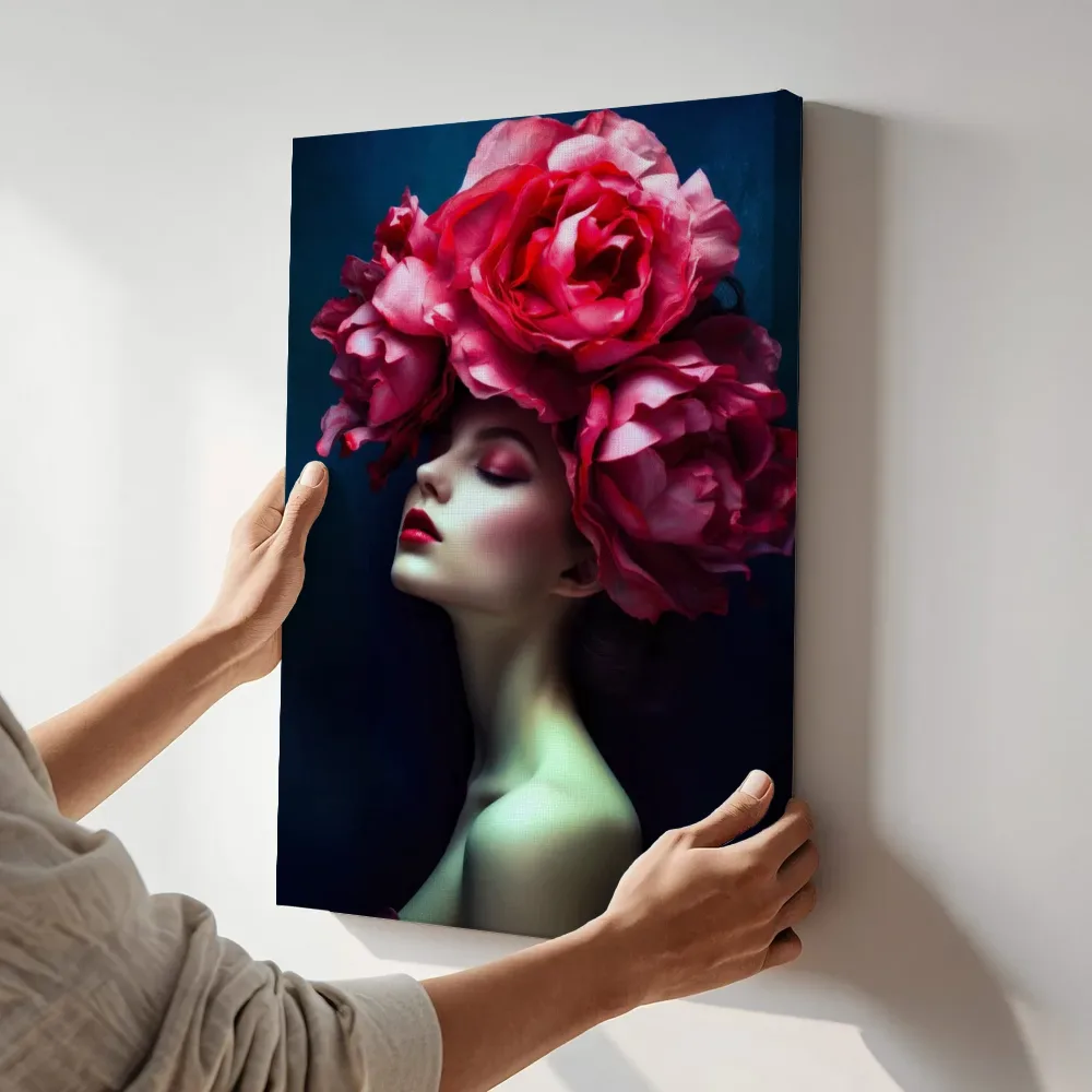 Sfeerimpressie: Vrouw met rozenkroon terwijl het aan de muur wordt gehangen