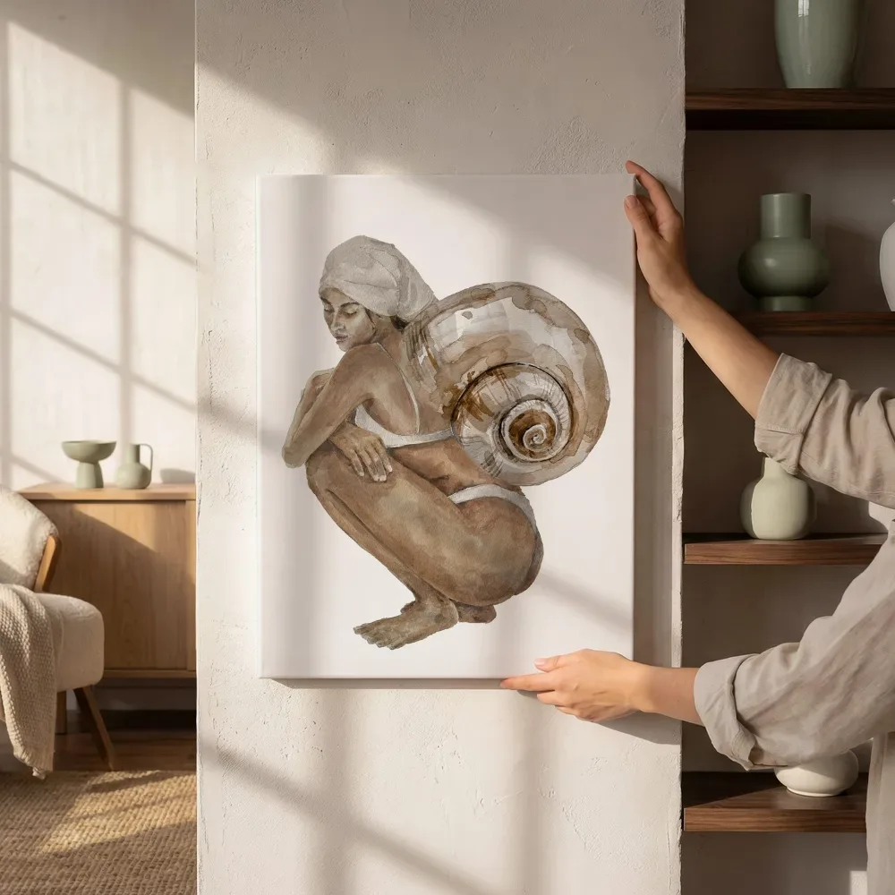 Sfeerimpressie: Surrealistische vrouw met slakkenhuis naast de kast