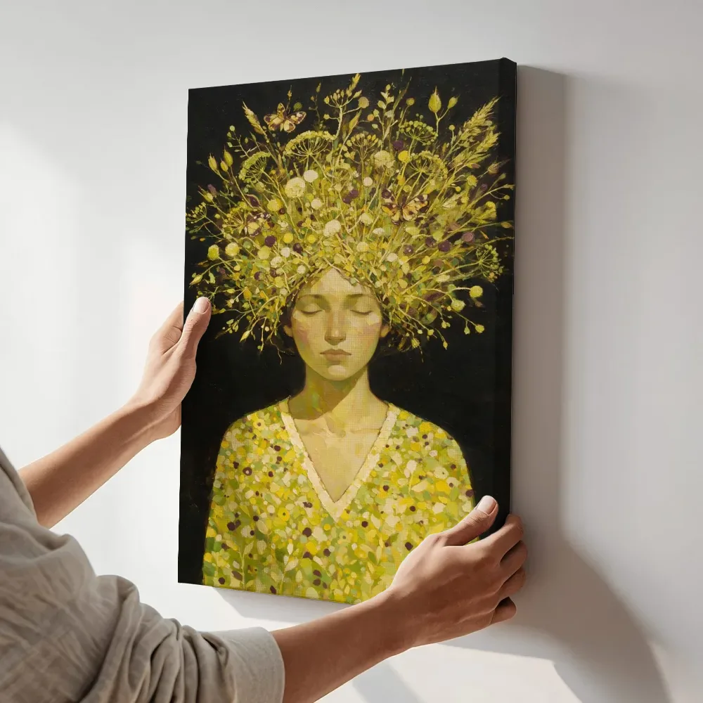 Sfeerimpressie: Vrouw met veldbloemen, olieverf in citroen en lindegroen terwijl het aan de muur wordt gehangen