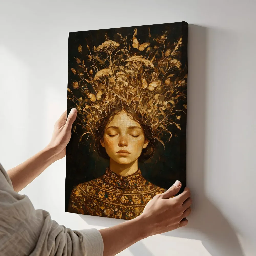Sfeerimpressie: Vrouw met veldbloemen, olieverf in diep amberglans terwijl het aan de muur wordt gehangen