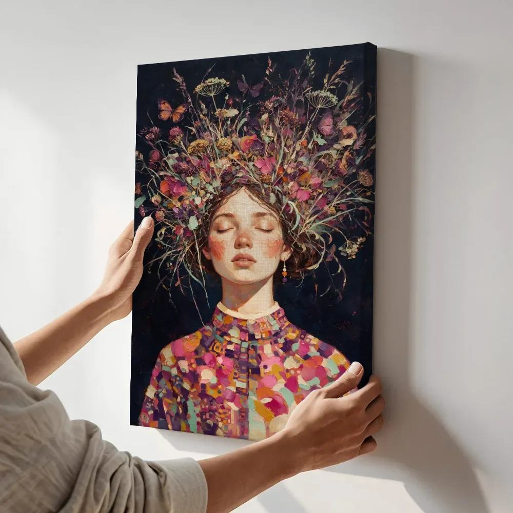 Sfeerimpressie: Vrouw met veldbloemen, olieverf in diep fel magenta terwijl het aan de muur wordt gehangen