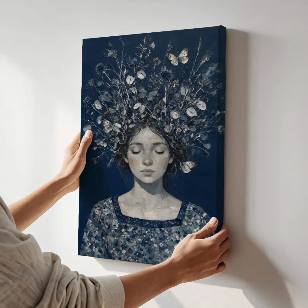 Sfeerimpressie: Vrouw met veldbloemen, olieverf in diep inkt en steen terwijl het aan de muur wordt gehangen