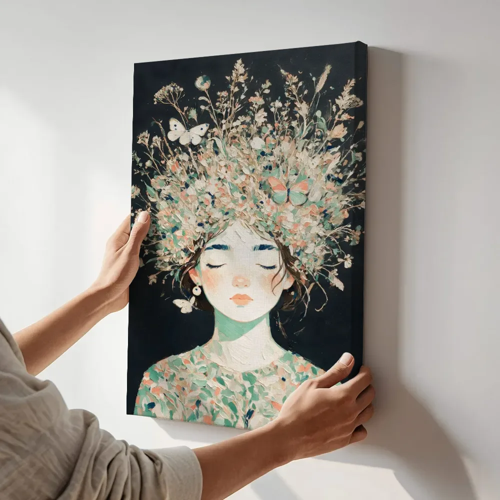 Sfeerimpressie: Vrouw met veldbloemen, olieverf in donker munt en koraal terwijl het aan de muur wordt gehangen