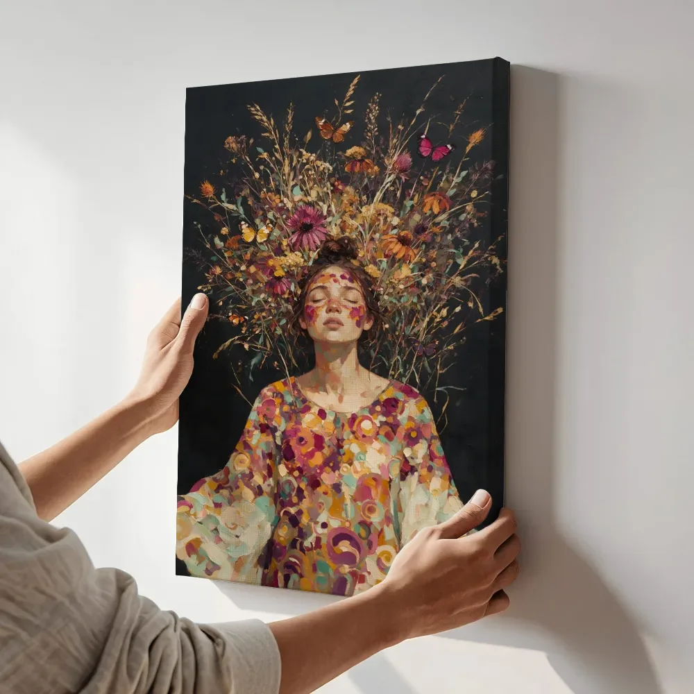Sfeerimpressie: Vrouw met veldbloemen, olieverf in fel magenta terwijl het aan de muur wordt gehangen