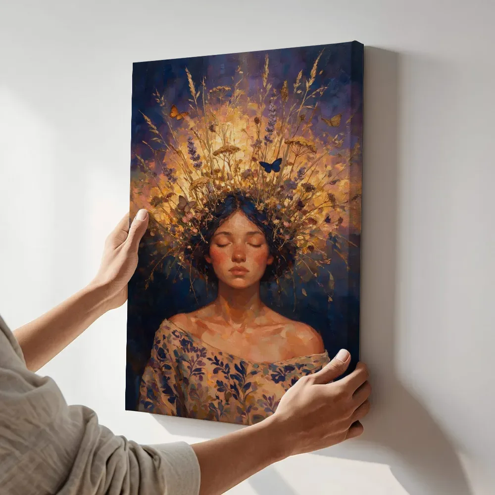 Sfeerimpressie: Vrouw met veldbloemen, olieverf in gouden uur terwijl het aan de muur wordt gehangen