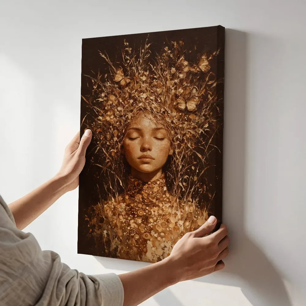 Sfeerimpressie: Vrouw met veldbloemen, olieverf in kaneel en karamel terwijl het aan de muur wordt gehangen