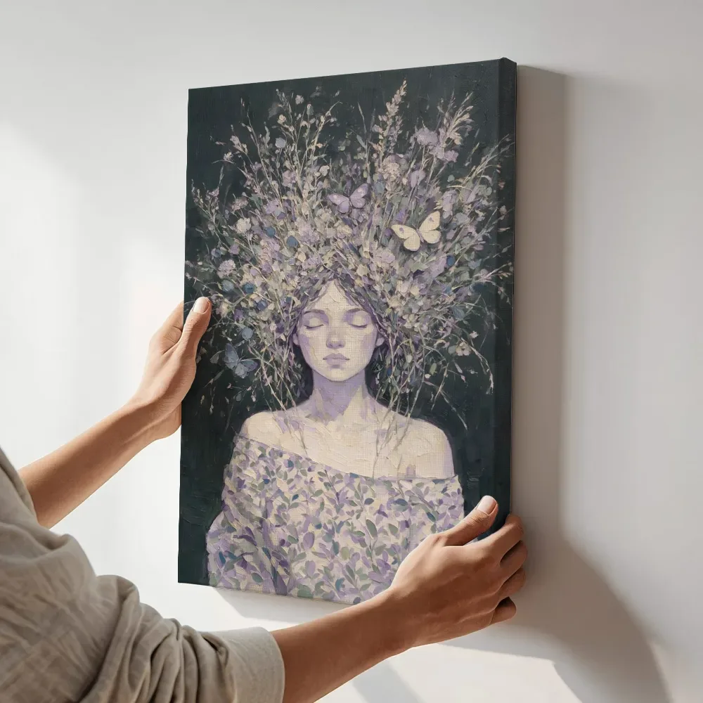 Sfeerimpressie: Vrouw met veldbloemen, olieverf in lavendelvelden terwijl het aan de muur wordt gehangen