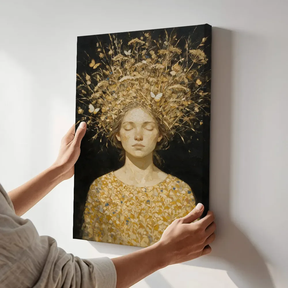 Sfeerimpressie: Vrouw met veldbloemen, olieverf in mosterd op zwart terwijl het aan de muur wordt gehangen