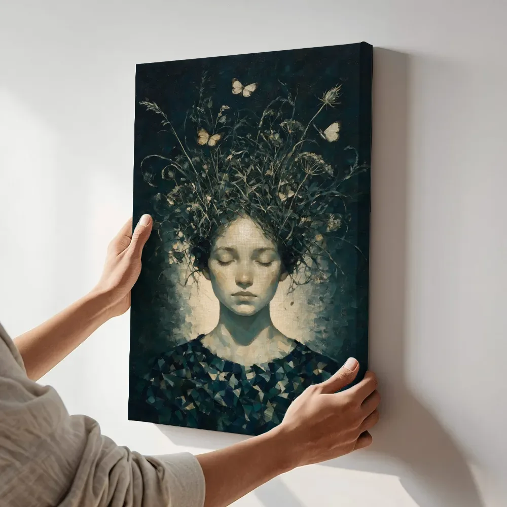 Sfeerimpressie: Vrouw met veldbloemen, olieverf in nacht terwijl het aan de muur wordt gehangen