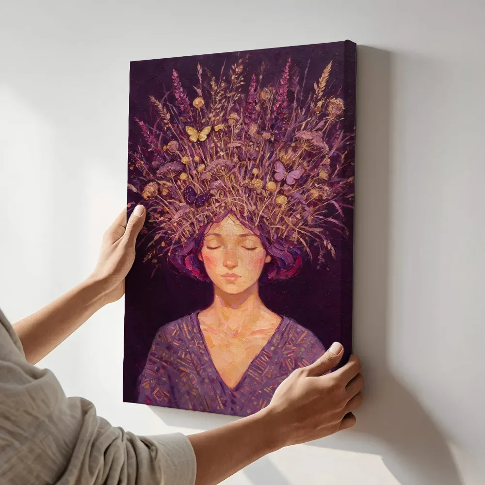 Sfeerimpressie: Vrouw met veldbloemen, olieverf in paars en goud terwijl het aan de muur wordt gehangen