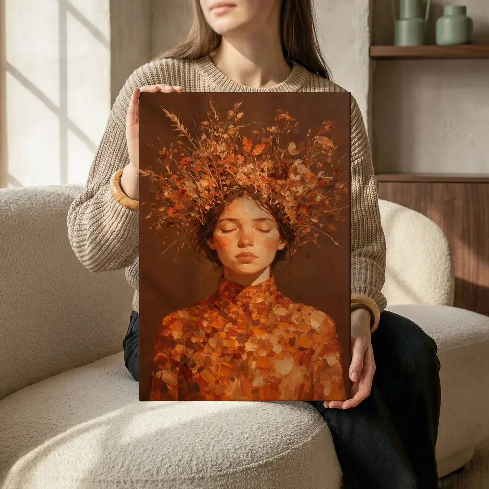 Sfeerimpressie: Vrouw met veldbloemen, olieverf in terracotta terwijl het zittend wordt getoond