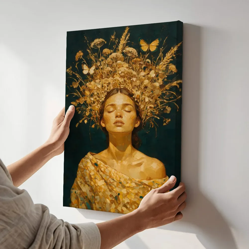 Sfeerimpressie: Vrouw met veldbloemen, olieverf in warm amberglans terwijl het aan de muur wordt gehangen