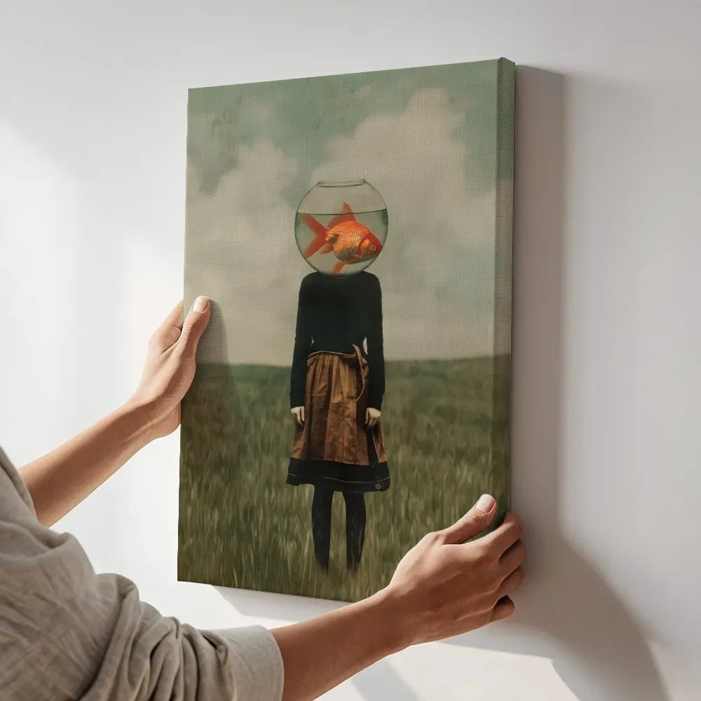 Sfeerimpressie: Vrouw met vissenkom hoofd in veld terwijl het aan de muur wordt gehangen