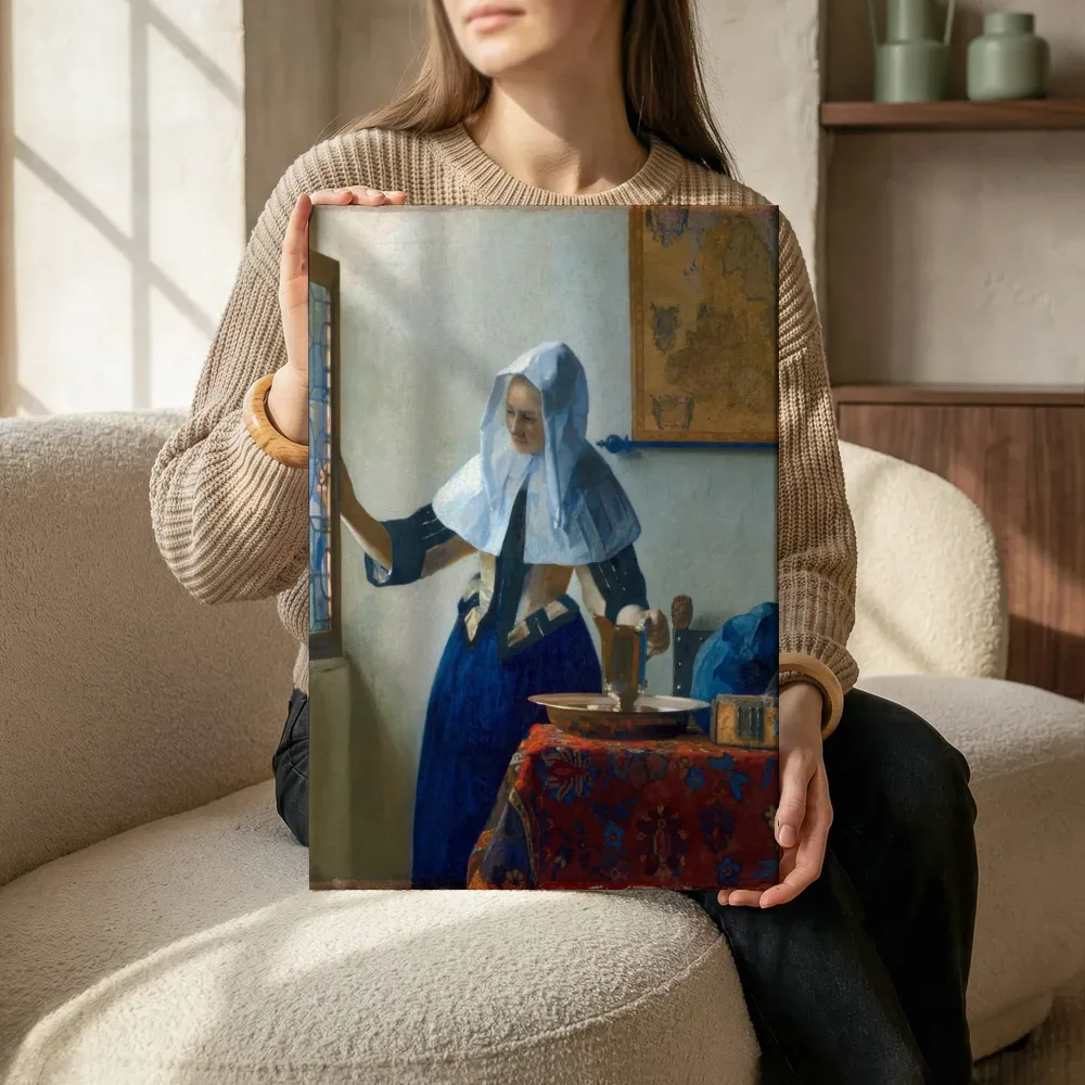 Sfeerimpressie: Vrouw met waterkan van Johannes Vermeer terwijl het zittend wordt getoond