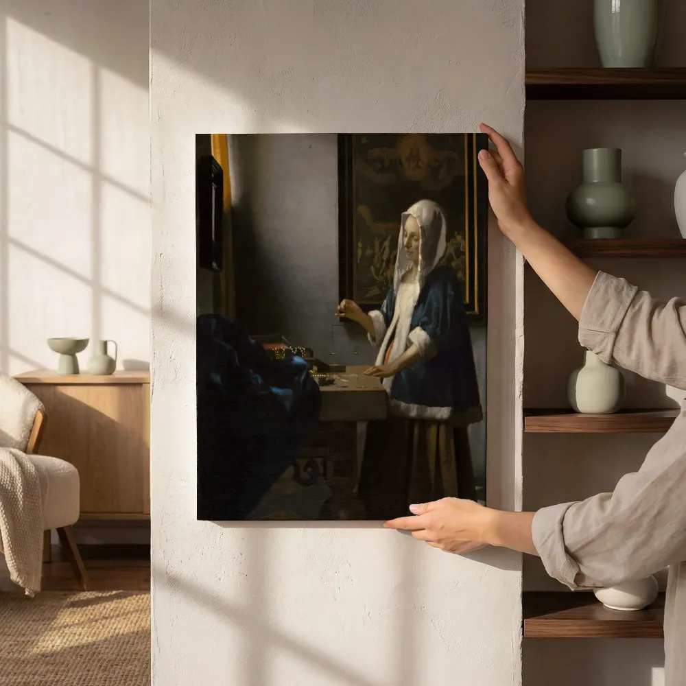 Sfeerimpressie: Vrouw met weegschaal van Johannes Vermeer naast de kast