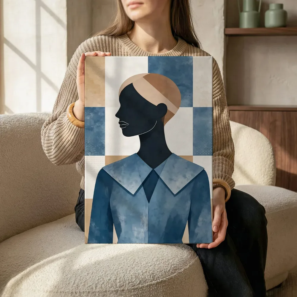 Sfeerimpressie: Vrouw met wijde kraag in denimblauw terwijl het zittend wordt getoond