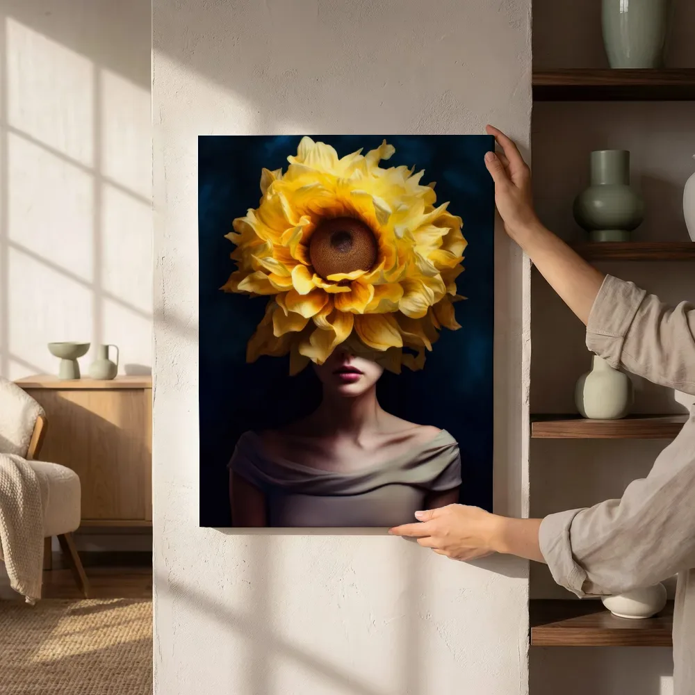 Sfeerimpressie: Vrouw met zonnebloem naast de kast