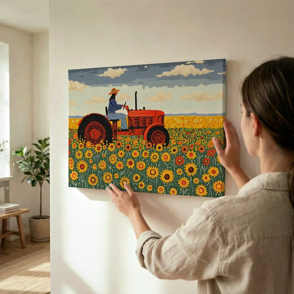 Sfeerimpressie: Vrouw op tractor in zonnebloemenveld terwijl het wordt opgehangen