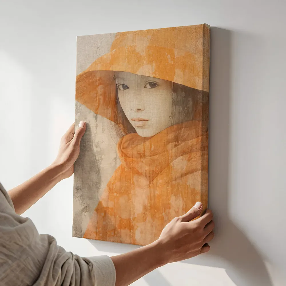 Sfeerimpressie: Vrouw in oranje cape terwijl het aan de muur wordt gehangen