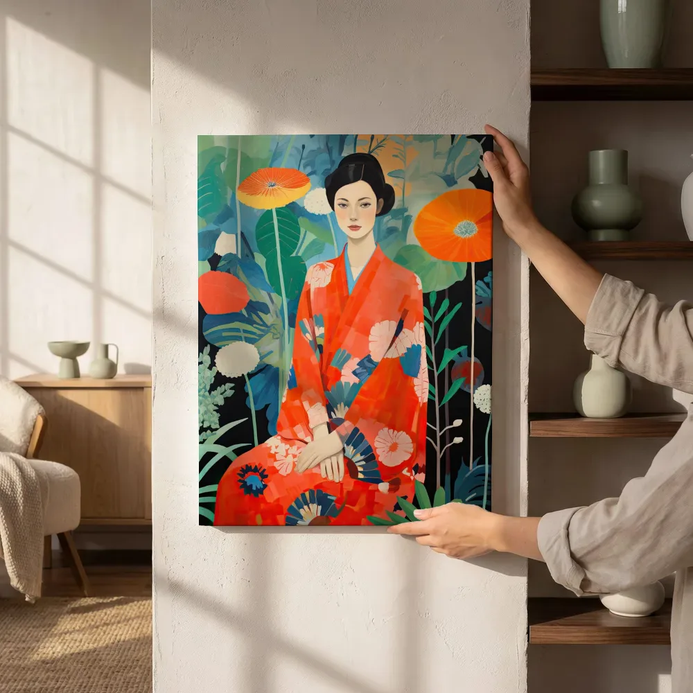 Sfeerimpressie: Vrouw in oranje kimono tussen tropisch groen naast de kast