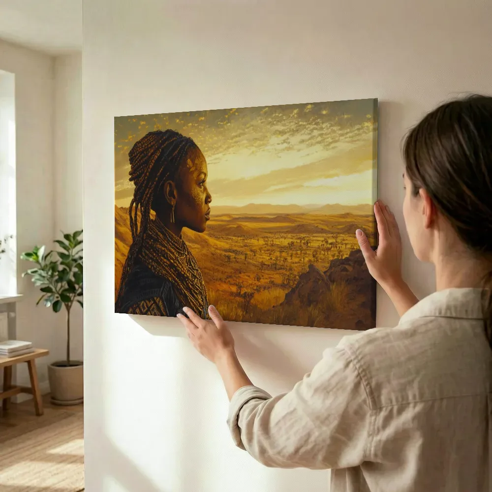 Sfeerimpressie: Vrouwenportret met woestijnlandschap terwijl het wordt opgehangen