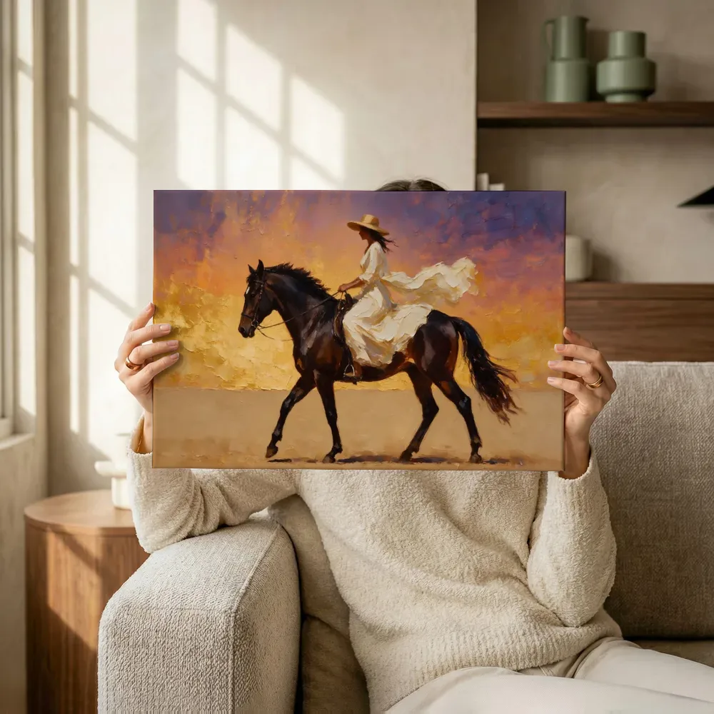 Sfeerimpressie: Vrouw te paard, olieverf in diep gouden uur terwijl het omhoog wordt gehouden