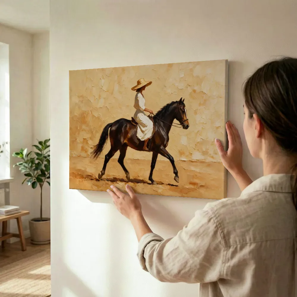 Sfeerimpressie: Vrouw te paard, olieverf in diep kaneel en karamel terwijl het wordt opgehangen