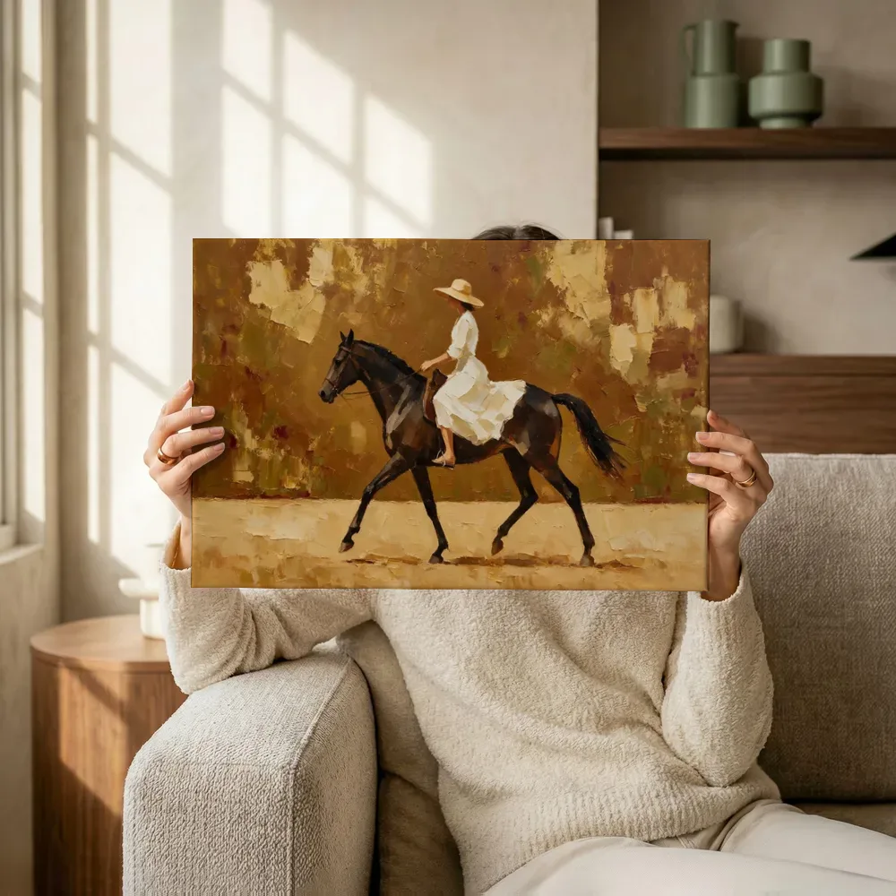 Sfeerimpressie: Vrouw te paard, olieverf in diep kastanje en goud terwijl het omhoog wordt gehouden