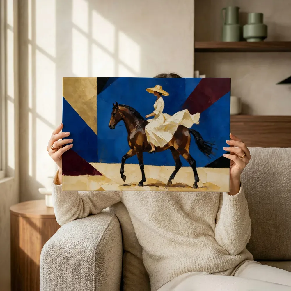 Sfeerimpressie: Vrouw te paard, olieverf in diep royal blauw terwijl het omhoog wordt gehouden