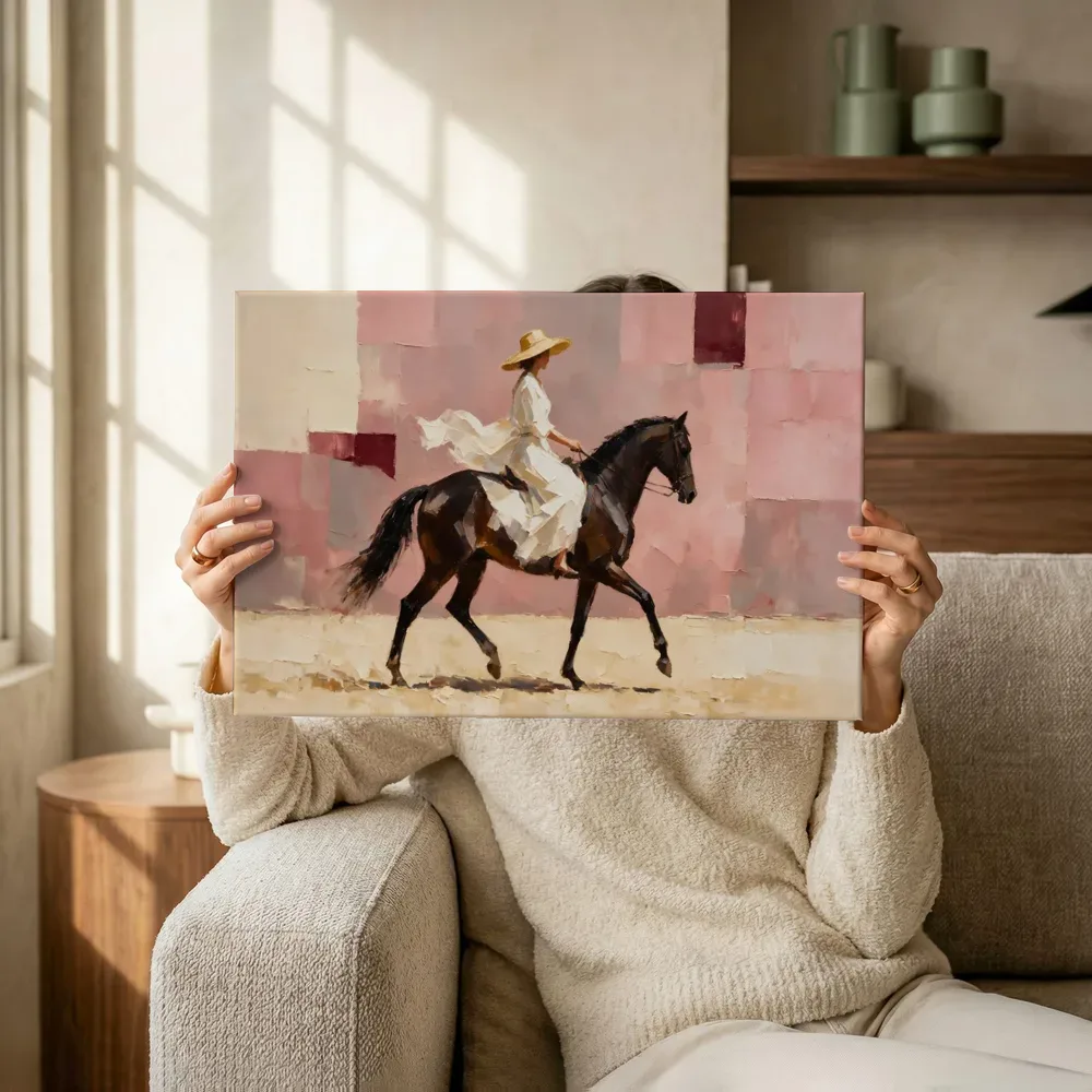 Sfeerimpressie: Vrouw te paard, olieverf in diep stoffig roze terwijl het omhoog wordt gehouden