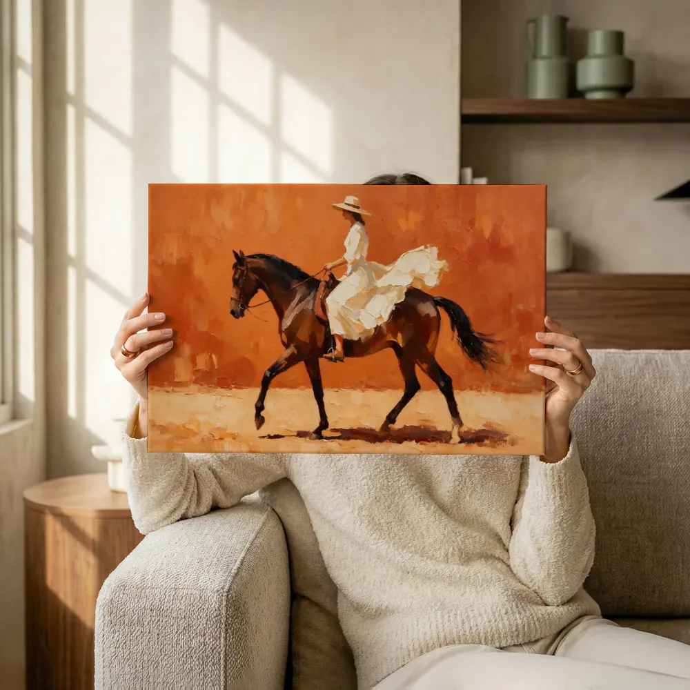Sfeerimpressie: Vrouw te paard, olieverf in diep terracotta terwijl het omhoog wordt gehouden