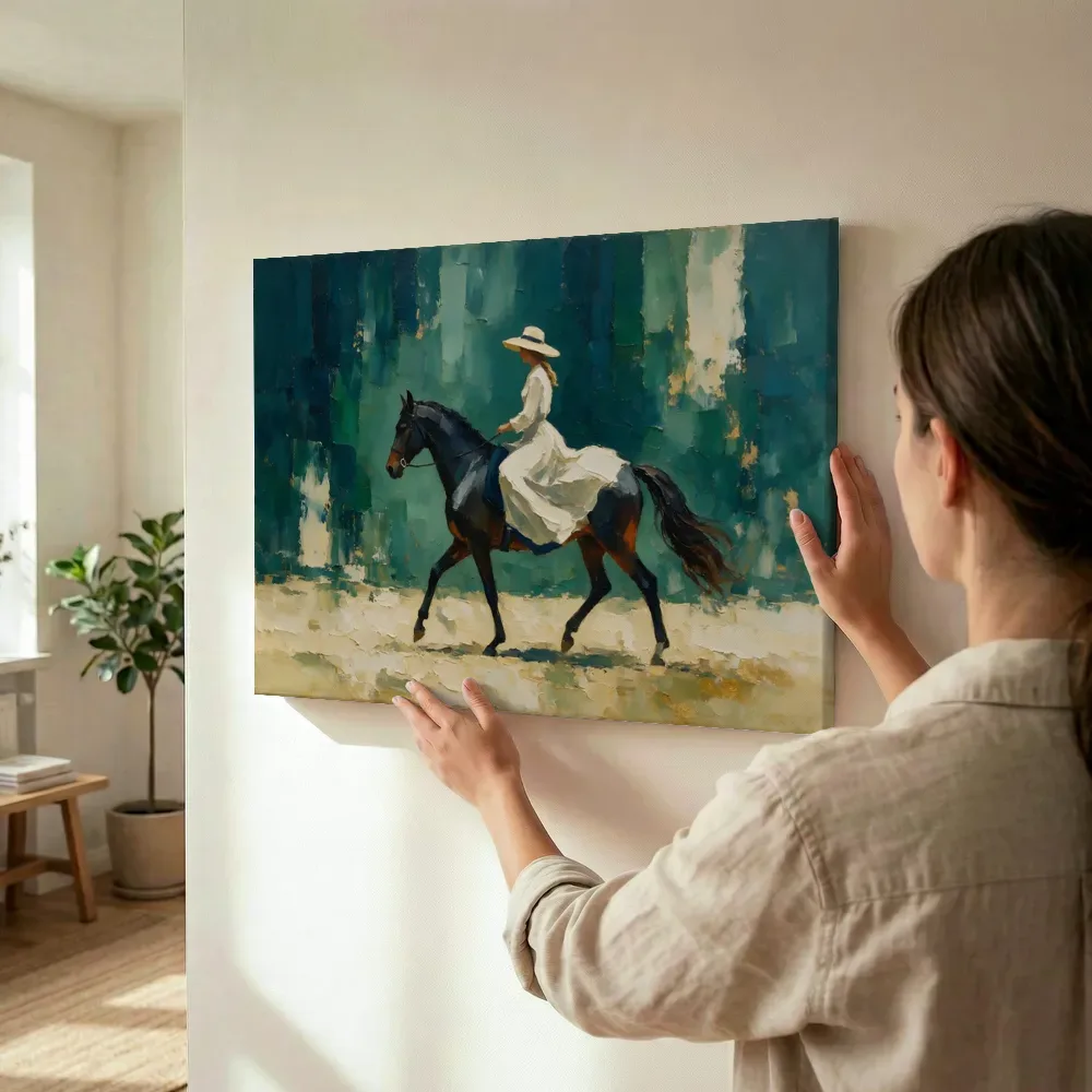 Sfeerimpressie: Vrouw te paard, olieverf in diepgroen terwijl het wordt opgehangen