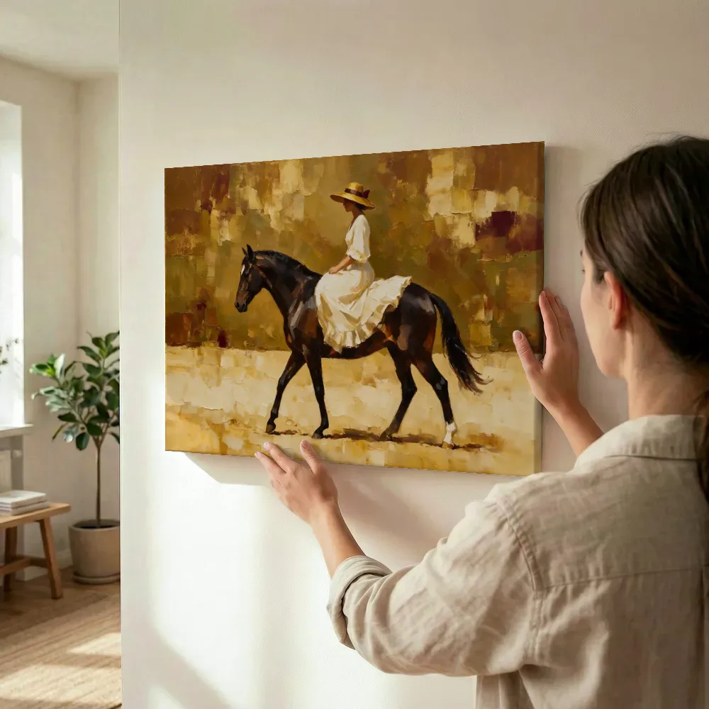 Sfeerimpressie: Vrouw te paard, olieverf in donker kastanje en goud terwijl het wordt opgehangen